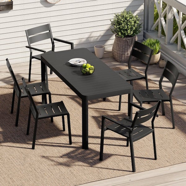 Crestlive Products Black 7-Piece Metal Outdoor Dining Set with 63.8 in. Extension Table and Stackable Chairs