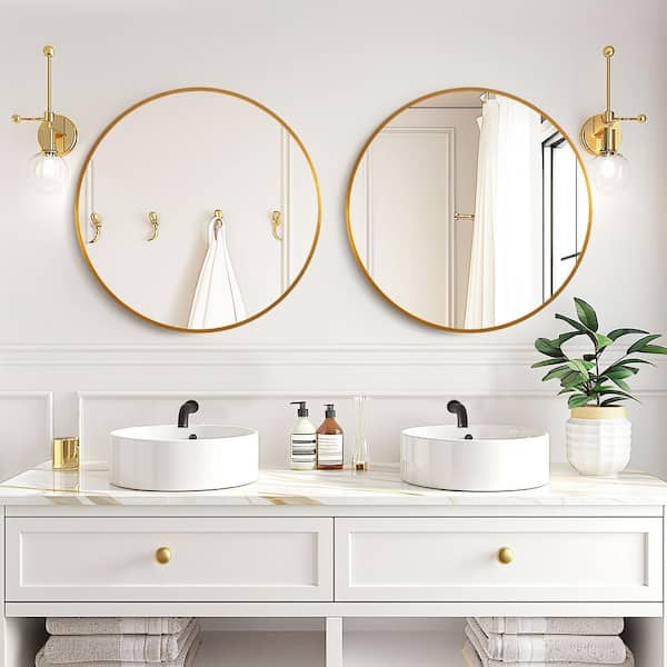 Lirago 16 in. W x 16 in. H Metal Framed Round Mirror in Gold HD  