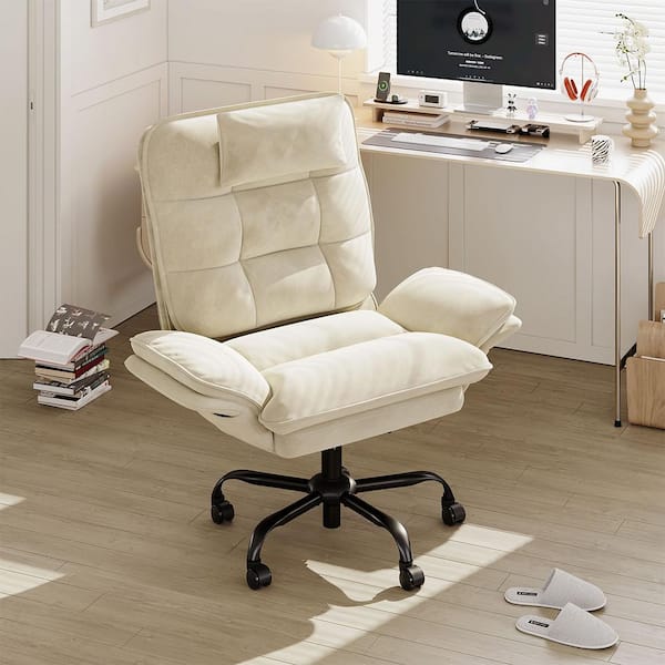 Velvet Seat High-Back Ergonomic Office Chair in Beige with Adjustable Padded Arms, Swivel Chair with Padded Headrest