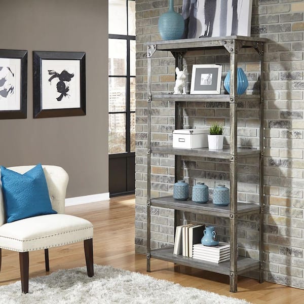 HOMESTYLES 75.5 in. Gray Metal 5-shelf Etagere Bookcase with Open Back