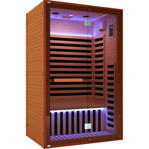 2-Person Canadian Hemlock Infrared Sauna with Bluetooth, Ionizer, Tempered Glass & Cup Holder, 110V 1950W