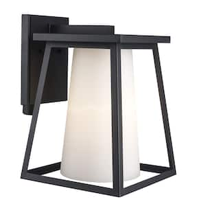 Cardston 13.88 in. 1-Light Black Outdoor Wall Light Fixture with White Opal Glass