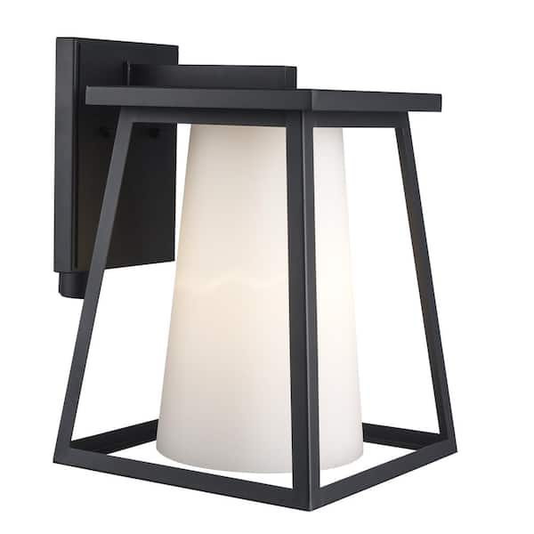 Home Decorators Collection Cardston 13.88 in. 1-Light Black Outdoor Wall Light Fixture with White Opal Glass