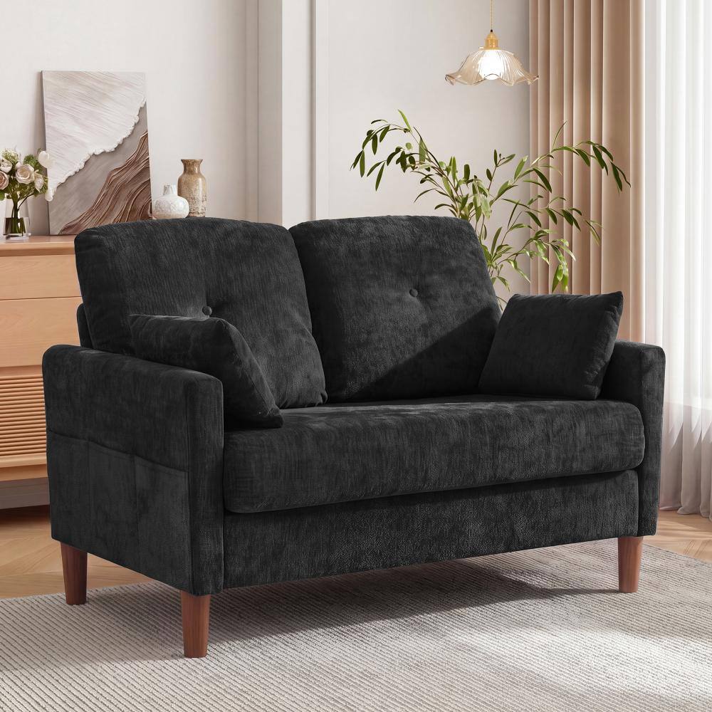 48" Loveseat Sofa,Black Chenille Modern Couches for Small Spaces,Deep Seat,Throw Pillow,Side Pockets,Square Armrest