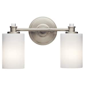 Joelson 14 in. 2-Light Brushed Nickel LED Transitional Bathroom Vanity Light Bar with Satin Etched Cased Opal Glass