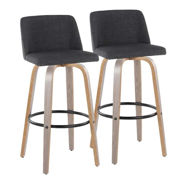 Lumisource Toriano 29.5 in. Charcoal Fabric, Light Grey Wood, and Black Metal Fixed-Height Bar Stool (Set of 2)
