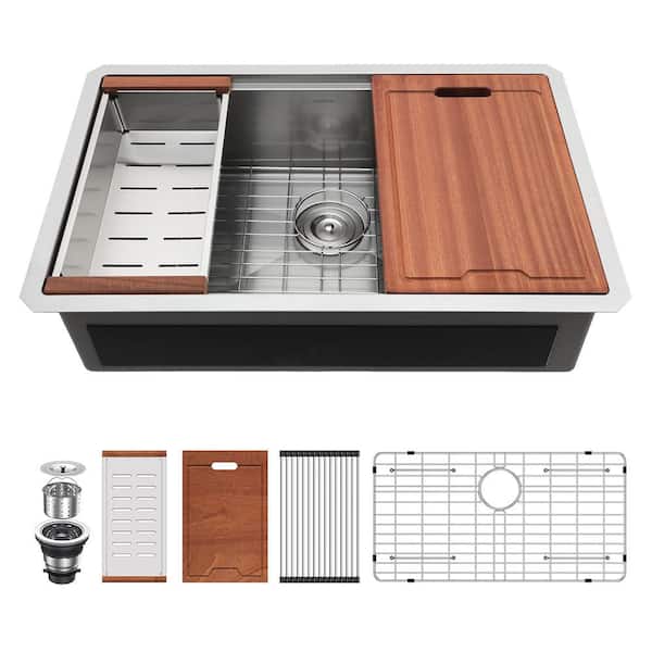 30 in. Undermount Single Bowl 16-Gauge Anti-Scratch Honeycomb Surface Stainless Steel Workstation Kitchen Sink