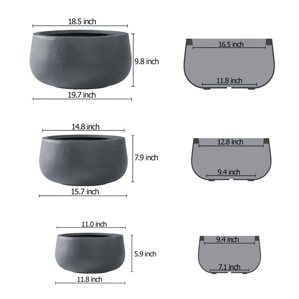 Charcoal Round Concrete Planters Set of 3 with Drainage Holes