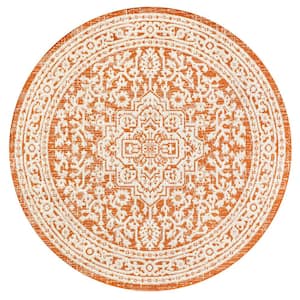 Sinjuri Medallion Textured Weave Orange/Cream 5 ft. Round Indoor/Outdoor Area Rug