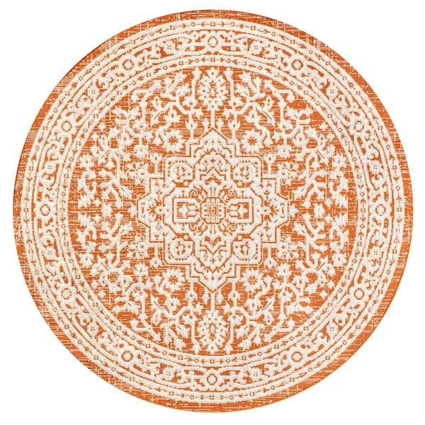 Sinjuri Medallion Textured Weave Orange/Cream 5 ft. Round Indoor/Outdoor Area Rug