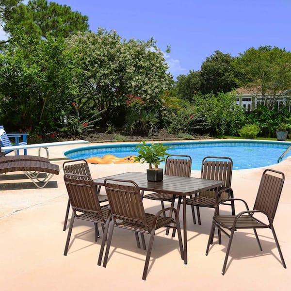 Unbranded Brown 7-Piece Plastic Outdoor Dining Set Metal Frame Patio Dining Furniture Set, Steel Tabletop and Umbrella Hole