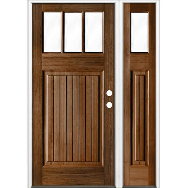 36 in. x 80 in. Craftsman 3-Lite Clear Glass VG Provincial Stain Left Hand Hemlock Wood Prehung Front Door w/RSL