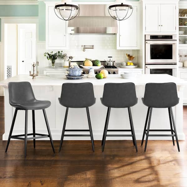 Orangeone Abraham Dark Gray 24 in. Low Back Metal Frame Faux Leather Upholstered Cushioned Counter Height Bar Stool (Set of 4)