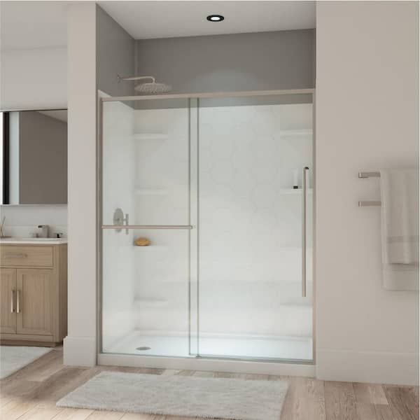 Dawn 56-60 in. W x 72 in. H Semi-Frameless Sliding Shower Door in Brushed Nickel with Clear Glass