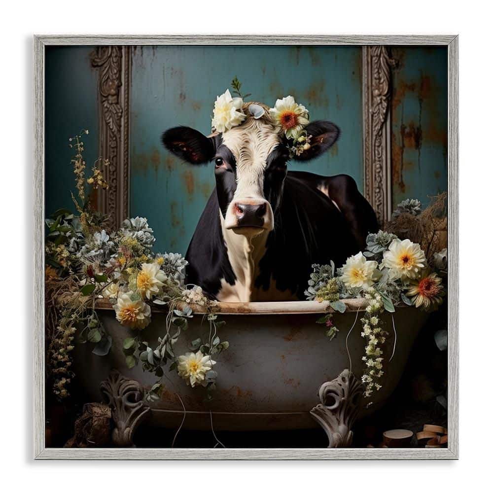 Vintage Cow in Bathtub by Lazar Studio Gray Framed Giclee Art Print Typography 12 in. x 12 in. price history on PriceWatchPro