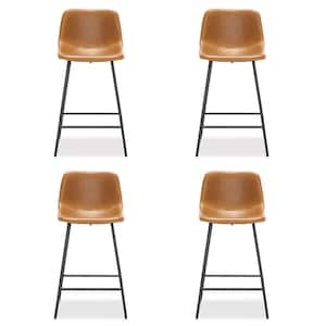 33.07 in. Whiskey Brown Faux Leather Counter Height Bar Stools with Metal Frame (Set of 4)