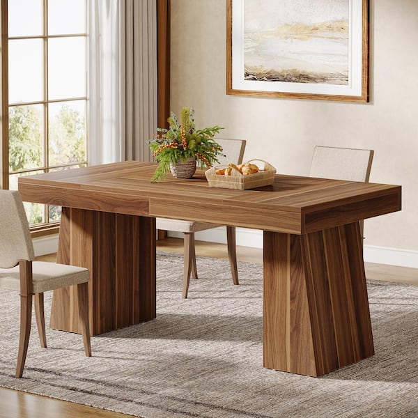 BYBLIGHT Sealey Farmhouse Brown Wood 55.1 in. Pedestal Dining Table Seats 4-Rectangular Dining Room Table with Sturdy Legs