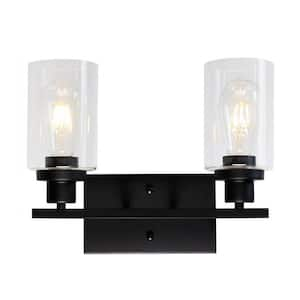 15 in. 2-Light Industrial Matte Black Vanity Light Fixtures for Bathroom with Clear Glass Shades