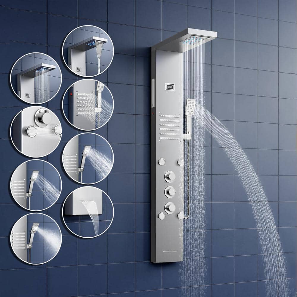 55 in. 6-Jet LED Rainfall Waterfall Shower Panel System with Adjustable Hand Body Shower and Tub Spout in Matte Black price history on PriceWatchPro