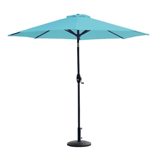 WESTIN OUTDOOR Sunshadow 9 ft. Market Tilt and Crank Table Patio Umbrella with Round Resin Base in Turquoise