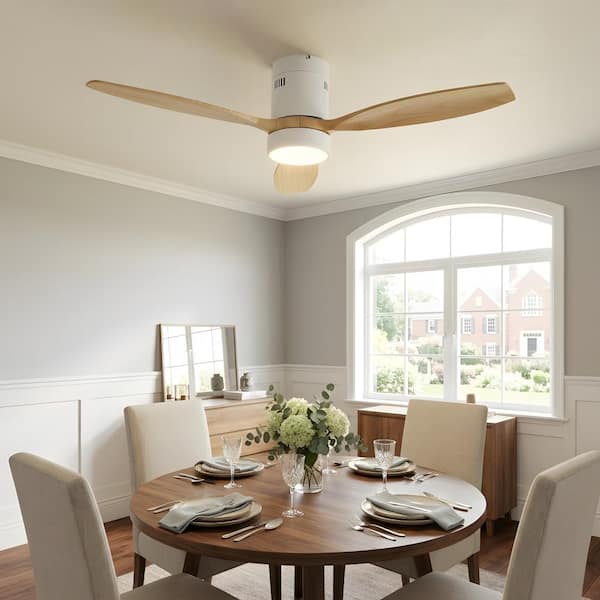 52 in. LED Indoor White Oak Flush Mount Ceiling Fan with Light Kit and Wooden Blades