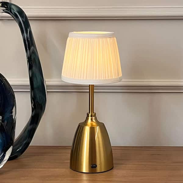 14" Vintage Rechargeable LED Table Lamp, Touch Control, Fabric Shade, Antique Brass, USB Port & Dimming for Living Room