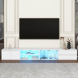 Modern White TV Stand Fits TV's Up to 105 in. with Tempered Glass Doors, 2 Drawers and Cabinets