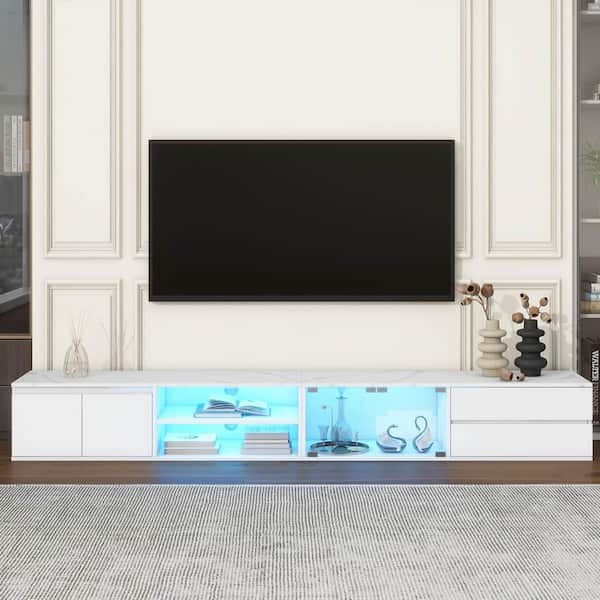 Polibi Modern White TV Stand Fits TV's Up to 105 in. with Tempered Glass Doors, 2 Drawers and Cabinets