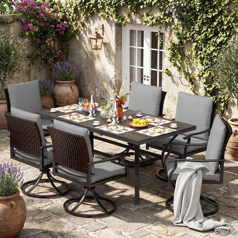7-Piece Black Metal Outdoor Dining Set with 6 Swivel Dining Chairs with Gray Cushions and Rectangle Dining Table price history on PriceWatchPro