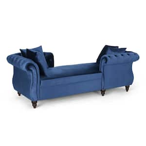 Sonne Navy Blue and Dark Brown Velvet Tufted Tete-a-Tete Chaise Lounge with Accent Pillows
