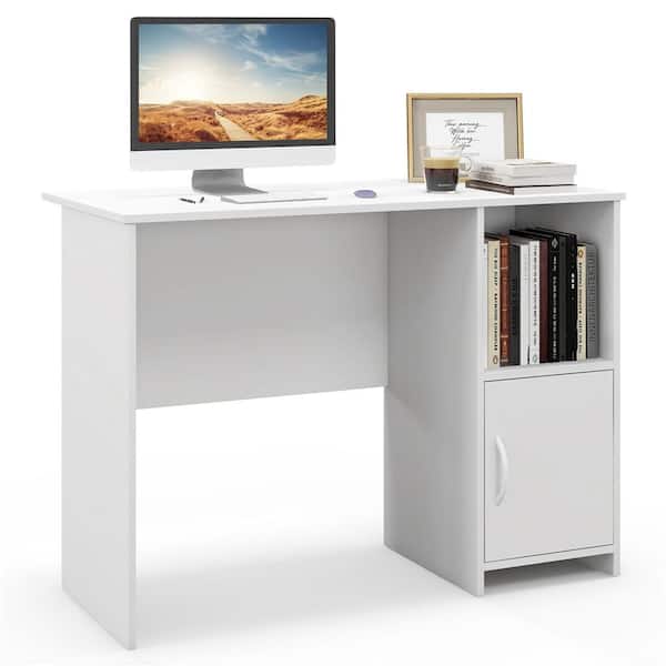 Costway 42 in. Rectangular White Wood Desk Cabinet Cable Holes and Open Shelf Storage