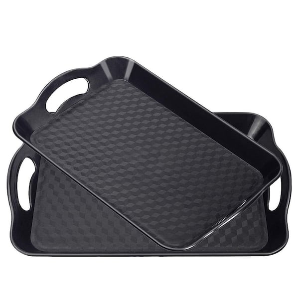 Black Plastic Tray with Handles, 2 Pack 16 in. W x 1.3 in. H x 12.2 in. D Rectangular Non Slip Serving Trays