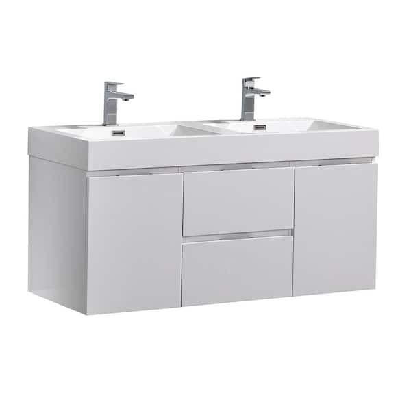 Fresca Valencia 48 in. W Wall Hung Bathroom Vanity in Glossy White with Double Acrylic Vanity Top in White