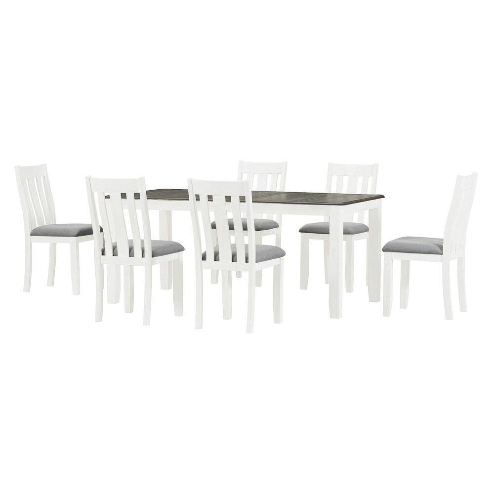 7-Piece White Dining Table Set with Extendable Table and Upholstered Chairs