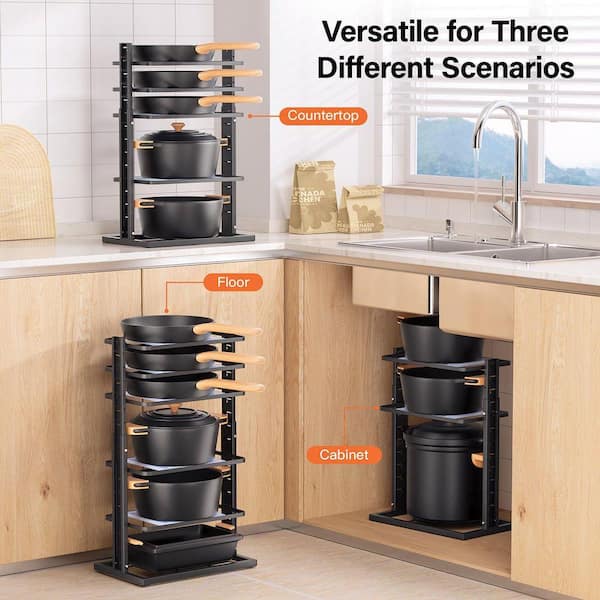 Anqtovp Black Adjustable 6-Tier Heavy Duty Kitchen Organizer Rack Space Saving Pot Rack for Cabinet and Countertop Storage