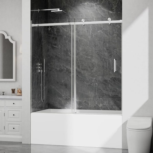 55-60 in. W x 60 in. H Frameless Sliding Tub Door in Brushed Nickel with Clear Glass