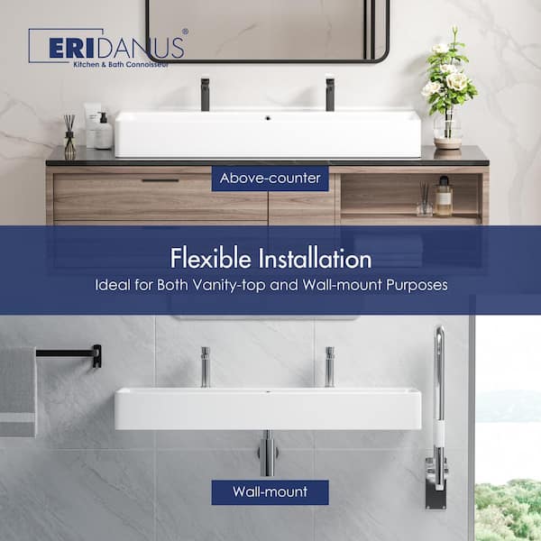 Turner 44 in. White Vitreous China Rectangular Wall-Mount Bathroom Trough Vessel Sink w/ Double Faucet Hole and Overflow