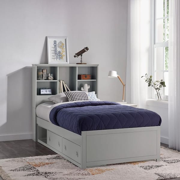Gray Twin Bookcase Bed With Storage, Twin Bed With Bookcase Headboard And Storage