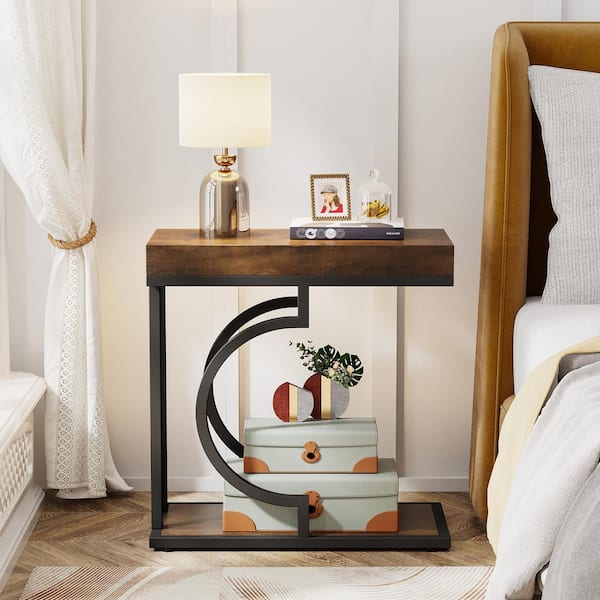 Kerlin 23.6 in. 1-Piece Brown and Black C Shaped Wood Narrow Side Table Modern End Side Table with 2-Shelf