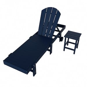 Laguna 2-Piece Fade Resistant HDPE Plastic Adjustable Outdoor Adirondack Chaise with Wheels and Side Table in Navy Blue