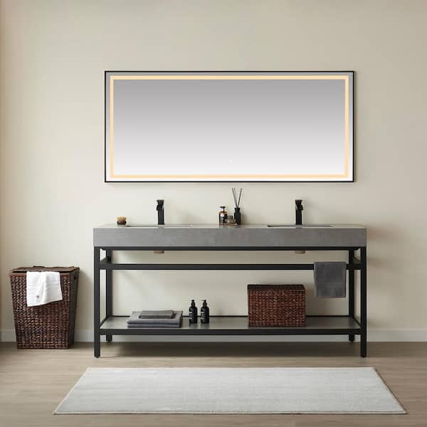 ROSWELL Funes 72 in. W x 22 in. D x 34 in. H Double Sink Bath Vanity in Matt Black with Grey Natural Stone Top and Mirror