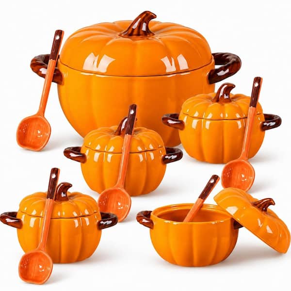 17 fl. oz. & 54 fl. oz. Ceramic Pumpkin Bowls w/ Lid and Spoon for Thanksgiving, Halloween Party, Decoration, (Set of 5)
