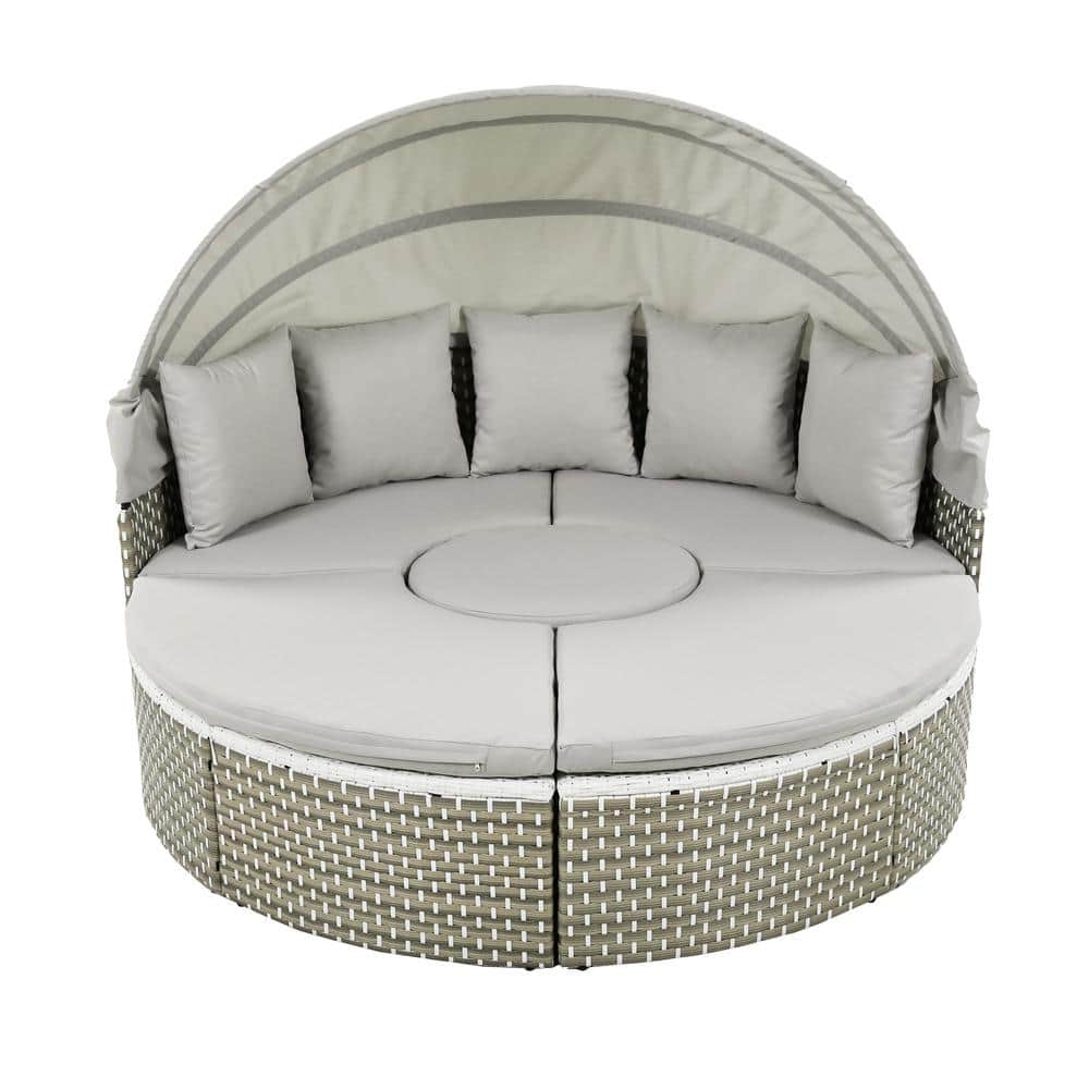 Wicker Outdoor Day Bed with Retractable Canopy Round Sectional Sofa Set 2-T