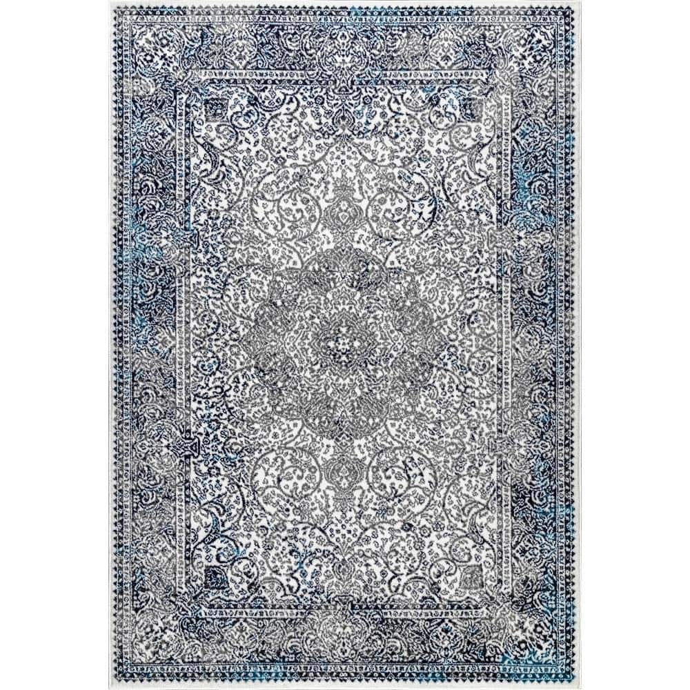 Delores Blue and White Rectangular Oriental Area Rug