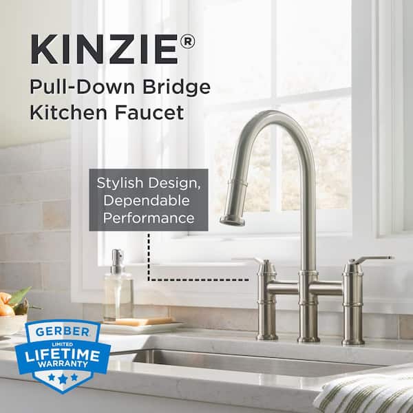 Kinzie Double Handle Pull Down Sprayer Bridge Kitchen Faucet 1.75 GPM in Stainless Steel