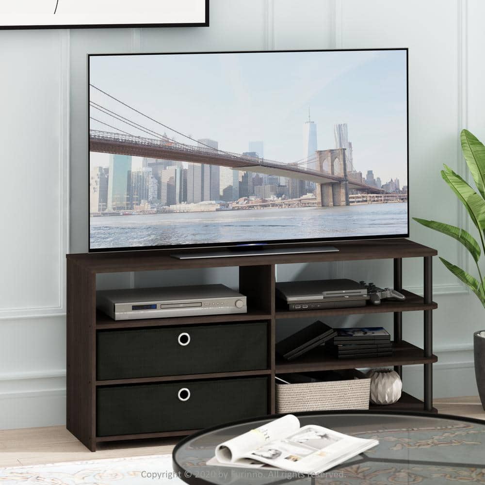 Modern Walnut Wood TV Stand with Storage Bins for 55-Inch TV