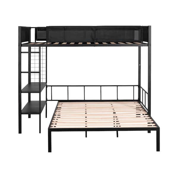 Polibi Black Metal Twin Over Full Bunk with Shelves and Grid Panel