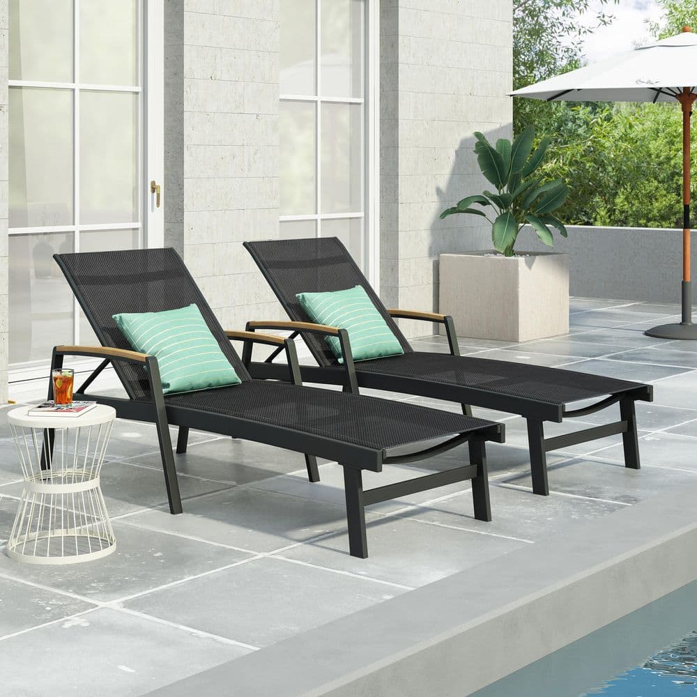 Aluminum Outdoor Lounge Chair 5-Position Adjustable Backrest Pool Recliner Beach Chair w/ Mesh Design in Black Set of 2 price history on PriceWatchPro