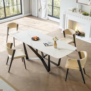 Modern Rectangle White Sintered Stone Tabletop 70.86 in. Carbon Black Steel Metal Cross Legs Base Dining Table (8 Seats)