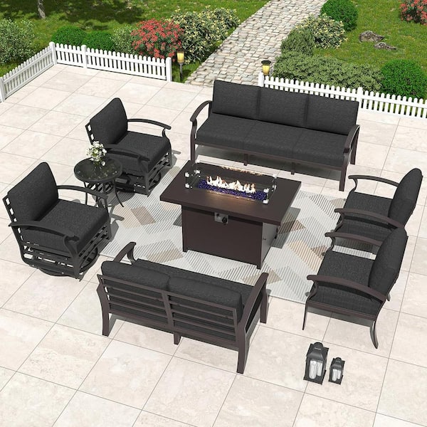 Halmuz 9-Seat Aluminum Patio Conversation Set with armrest, Firepit Table, Swivel Rocking Chairs and Black Cushions